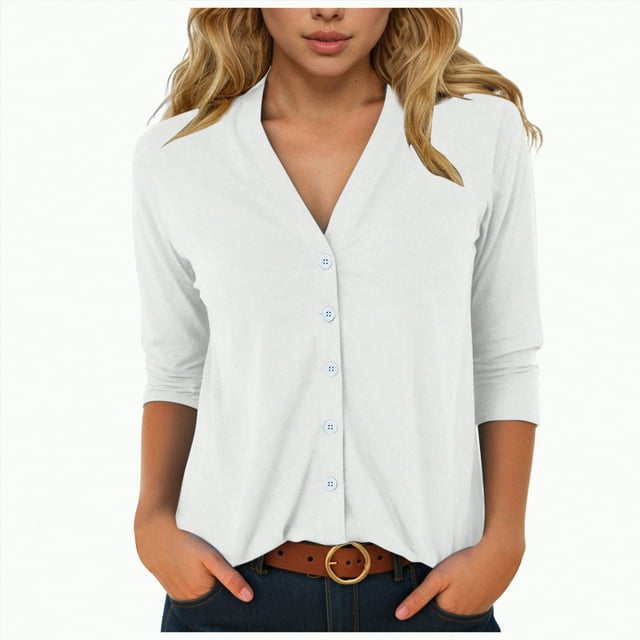 Womens Button Down Shirts 3/4 Sleeve V Neck Dress Blouses Business Casual Tops