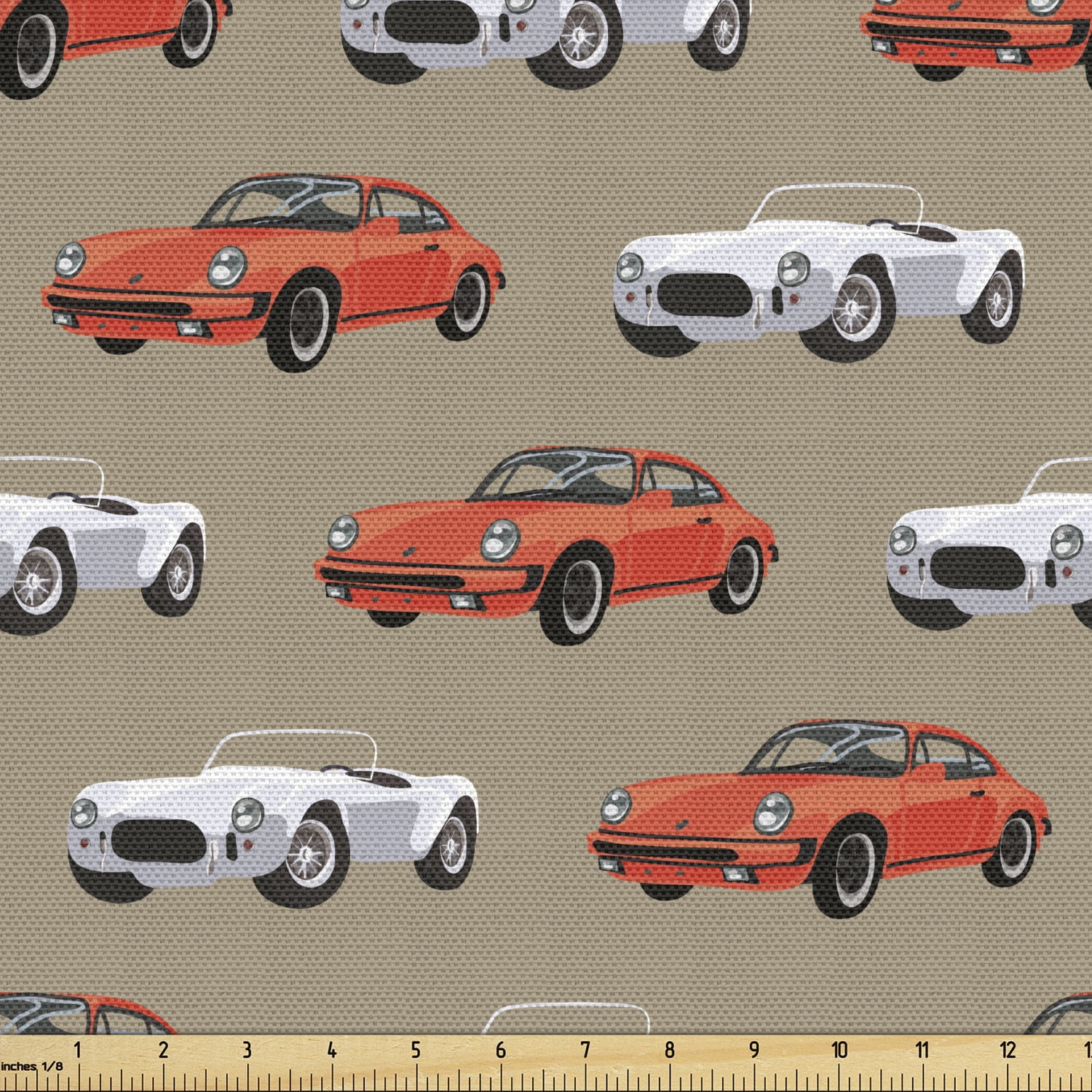 Cars Fabric by the Yard Retro Fast Sports Cars in White and Orange