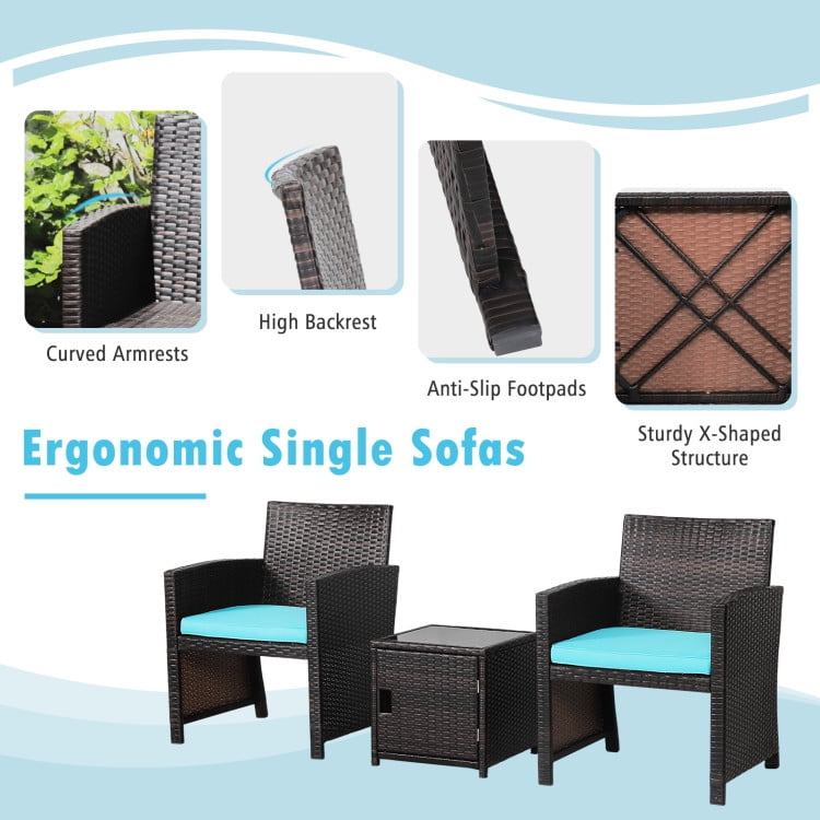 Aimee Lii 3 Pieces Patio Wicker Furniture Set with Storage Table and Protective Cover, Outdoor Patio Furniture, Turquoise Aimee Lii 3 Pieces Patio Wicker Furniture Set with Storage Table and Protective Cover, Outdoor Patio Furniture, Turquoise
