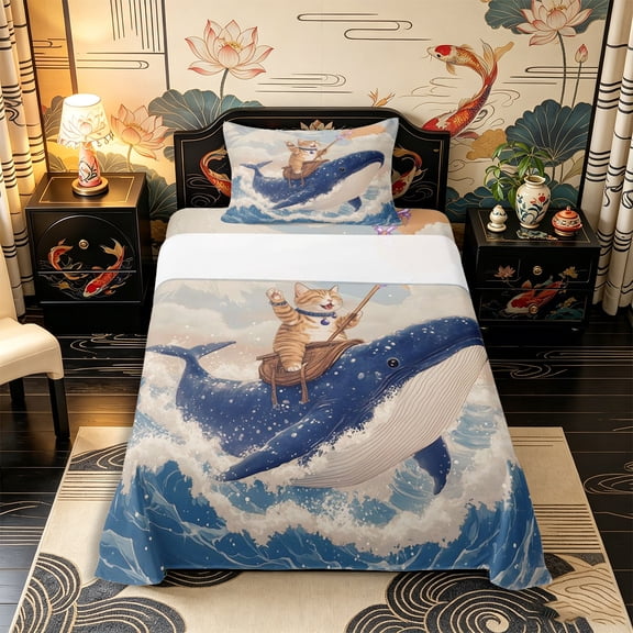 Castle Fairy Retro Cat Riding Whale Twin Sheets 3pcs,Wave Mountain Kitten Art Bedding,Sky Cream,1 Fitted Sheet,1 Flat Sheet and 1 Pillowcase