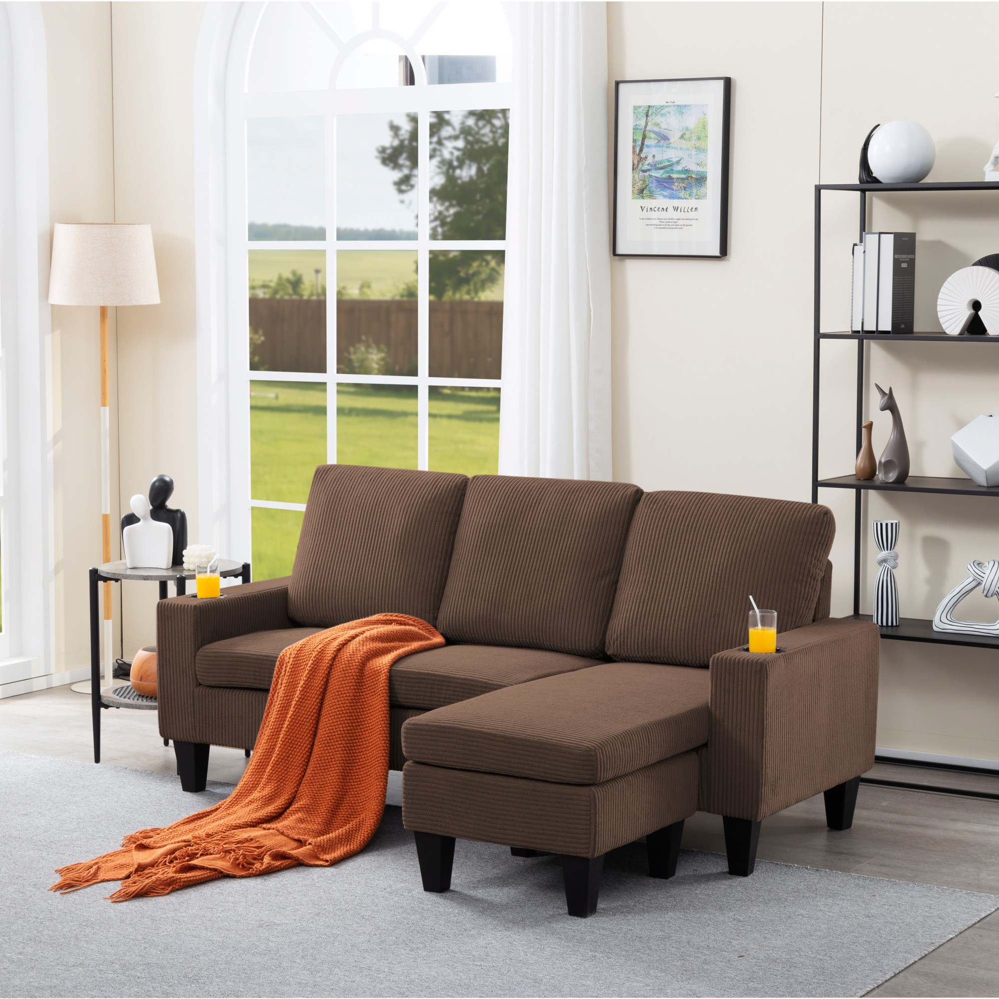 Gewnee Camel 69.88” L-Shaped Sectional Sofa, Corduroy Ottoman & Built-in Cup Holders for Bedroom/Living Room
