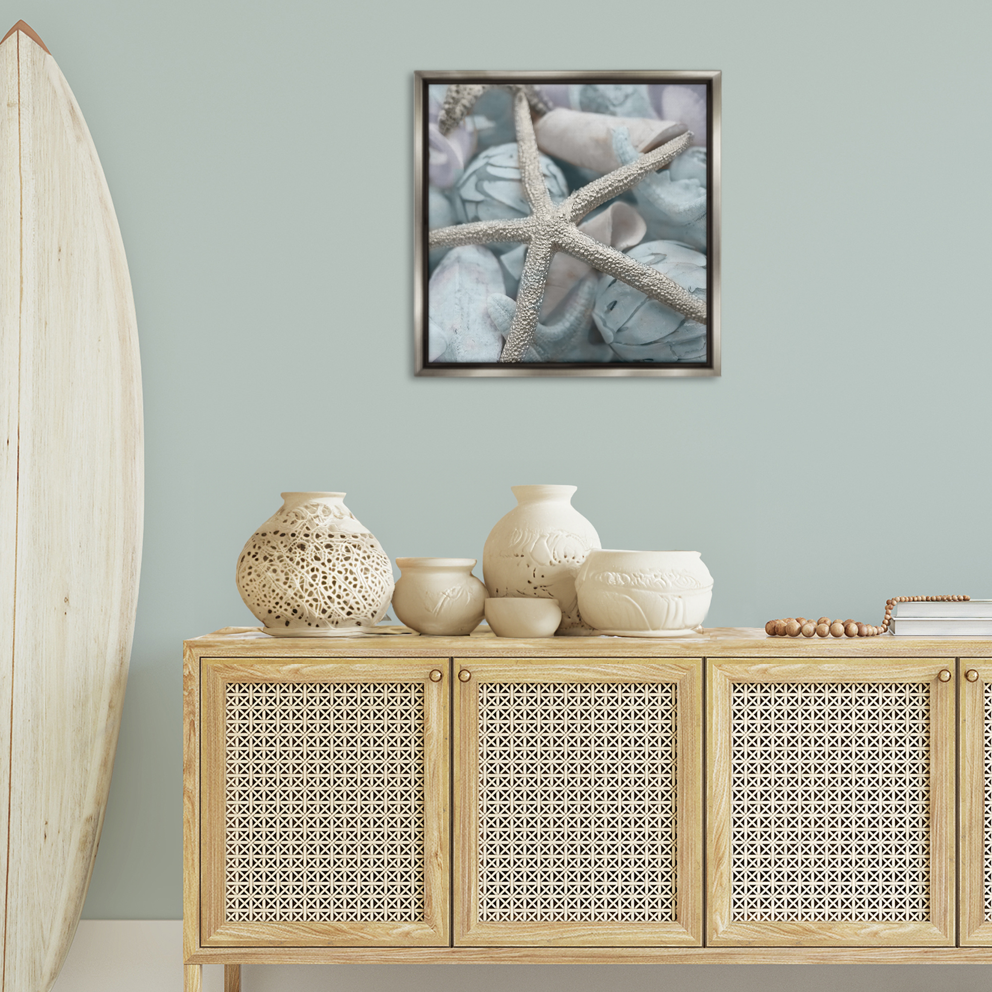 Stupell Industries Starfish & Various Shells Nautical & Beach Photography Gray Floater Framed Canvas Art Print Wall Art, 25 x 25