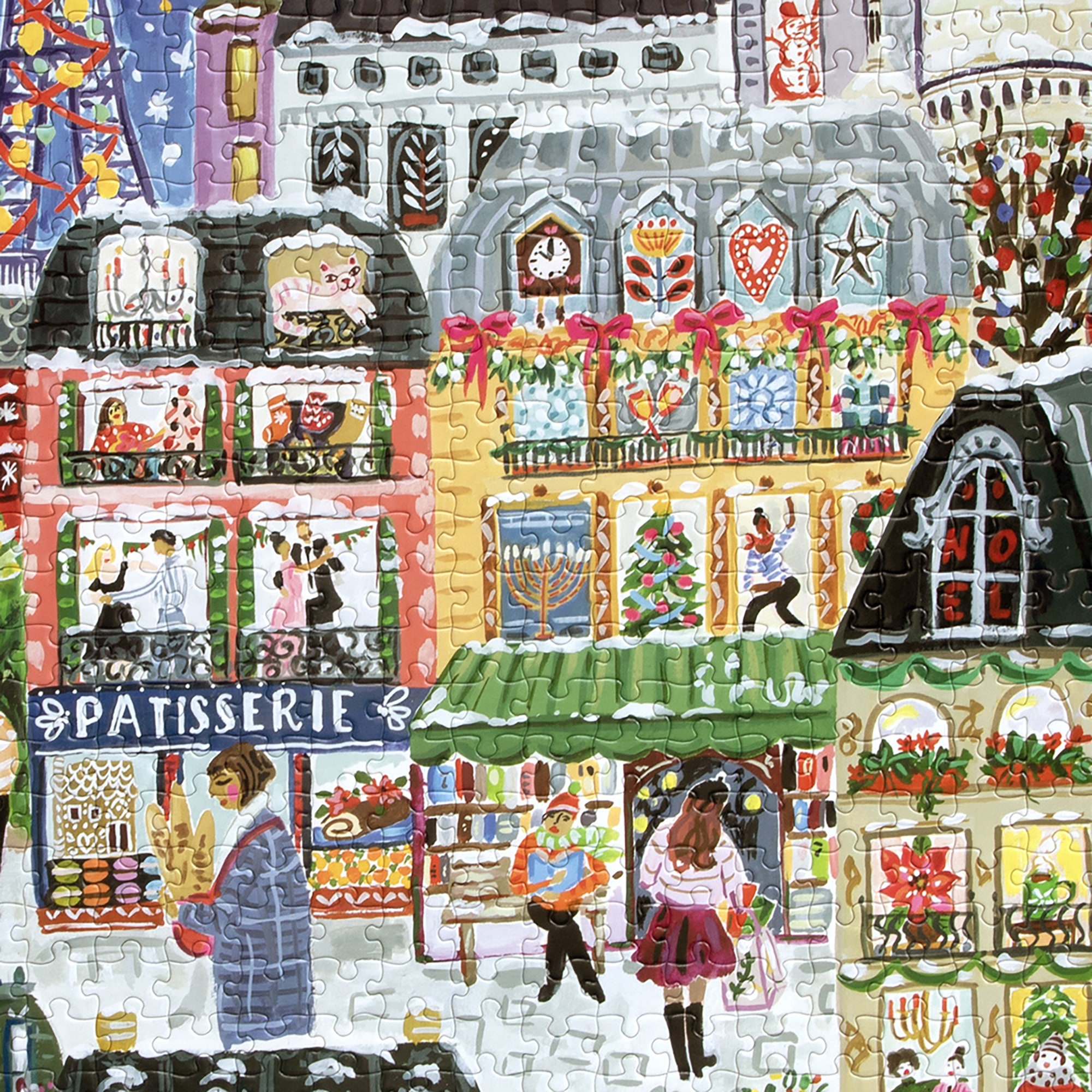 eeBoo Piece & Love: Paris Christmas - 1000 Piece Puzzle - 23" Adult Jigsaw, Jennifer Orkin Lewis’ Festive City of Lights Holiday Scene, Eco-Friendly