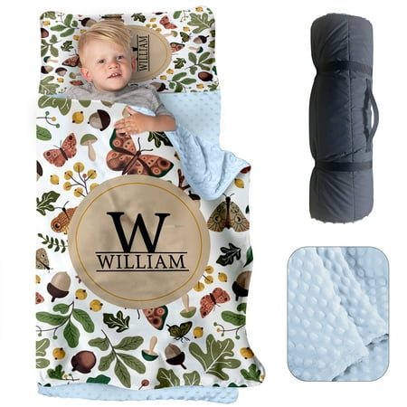 AOLOA Personalized Toddler Nap Mat for Preschool Custom Name Kids Nap Mat with Pillow Cover and Soft Dot Minky Blanket Butterfly Pinecone Design Daycare Nap Mats Rolled Slumber Bags Easy to Carry