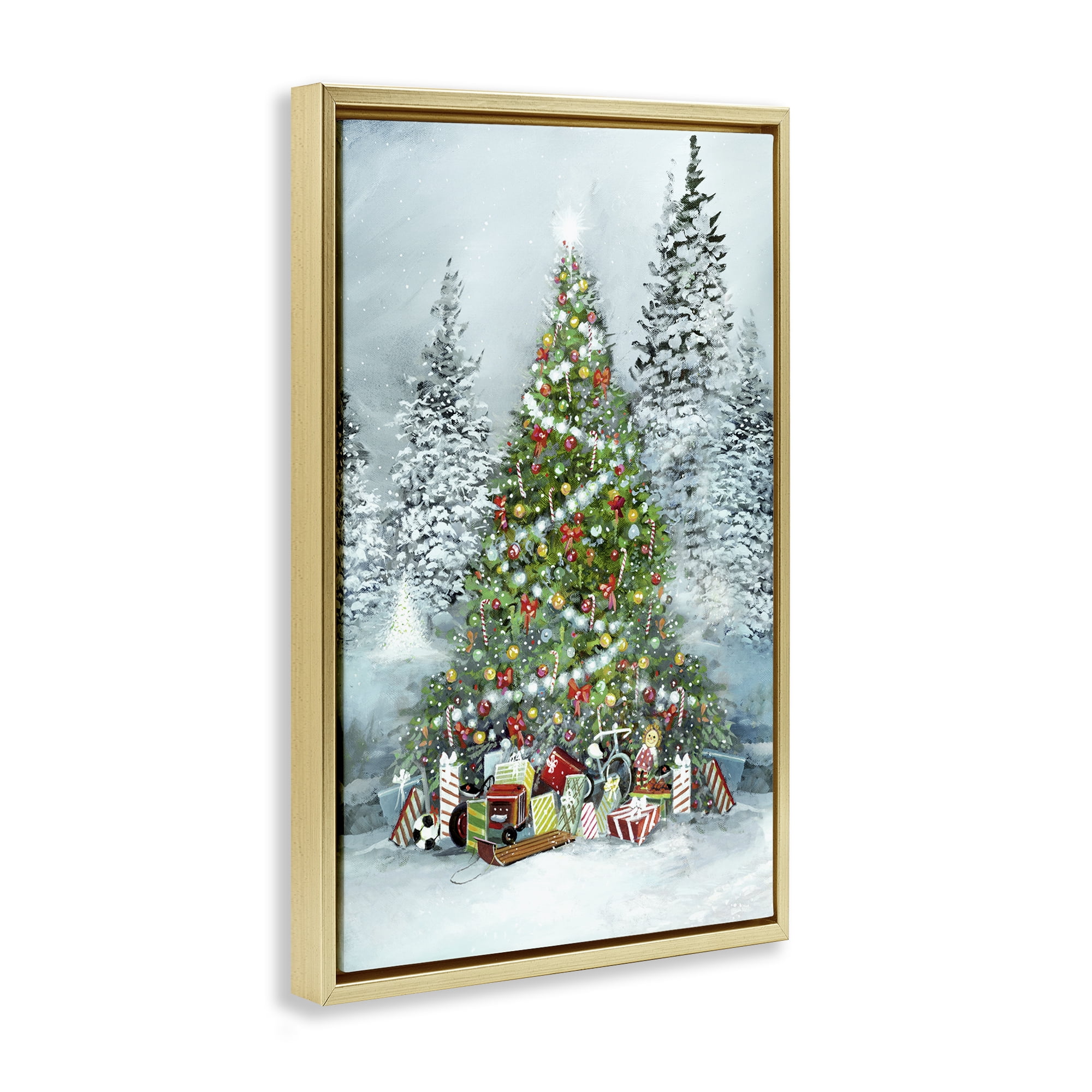 Stupell Industries Mistletoe Kisses Phrase Holiday Painting Gold Floater Framed Canvas Art Prints Wall Art, 17 x 25