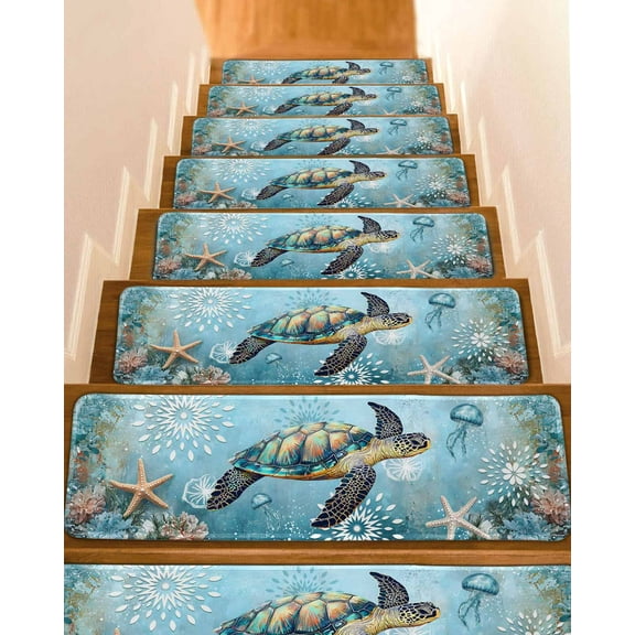 Coastal Sea Turtle Stair Treads for Wooden Steps Indoor Runner Rug Carpet, Vintage Teal Nautical Beach Botanical 4 Pieces Peel and Stick Staircase Step Treads Covers Washable Throw Door Mats, 30"x8"