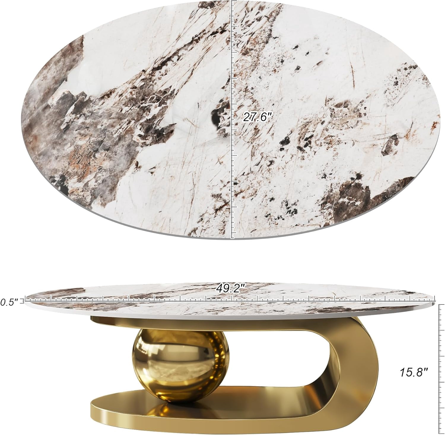 49.2" Modern Oval Marble Coffee Table – Gold Stainless Steel Base, Scratch-Resistant, Easy Assembly