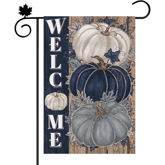 Fall Pumpkin Garden Flag, 12.5x18 Blue Burlap Small Double Sided for Outside Thanksgiving Yard Flags Autumn Welcome Yard Decoration Outdoor