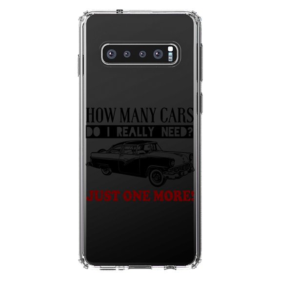 DistinctInk Clear Shockproof Hybrid Case for Samsung Galaxy S10 (6.1" Screen) - TPU Bumper Acrylic Back Tempered Glass Screen Protector - How Many Cars Do I Need? Just One More