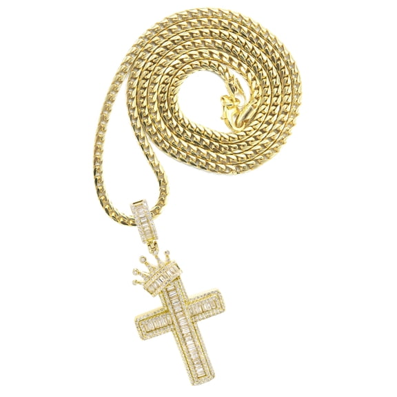Silver Necklace - Gold Crown Cross Baguette Necklace  | 23.9 Grams