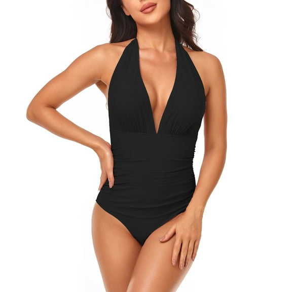 SWSMCLT Women's Brazilian Smocked Swimming One Piece Bathing Suit Beach Swimsuit Ruched Halter Brief Swimwear Black 12-14