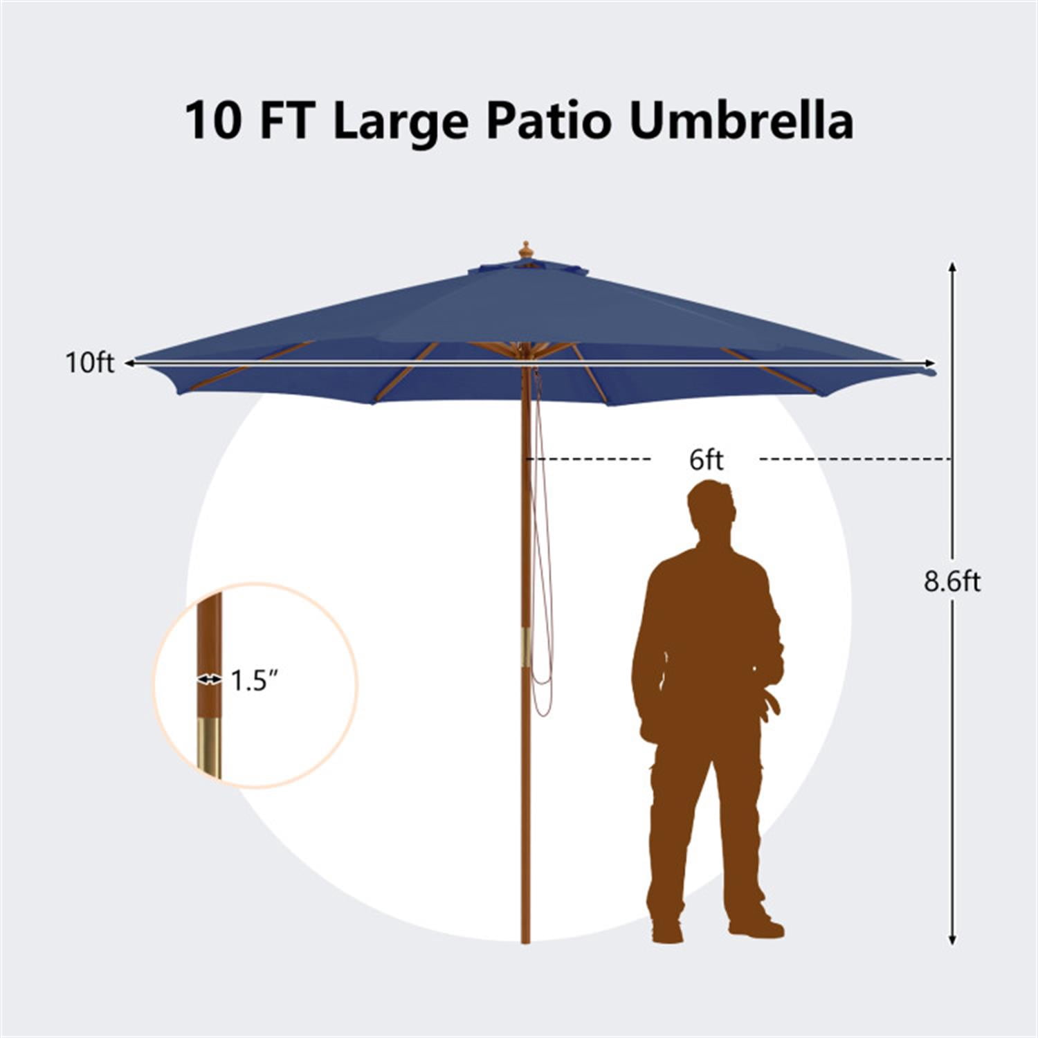 Demi Bonn 10 Feet Patio Umbrella with 8 Wooden Ribs and 3 Adjustable Heights, Outdoor Table Umbrella, Yard Umbrella, Blue