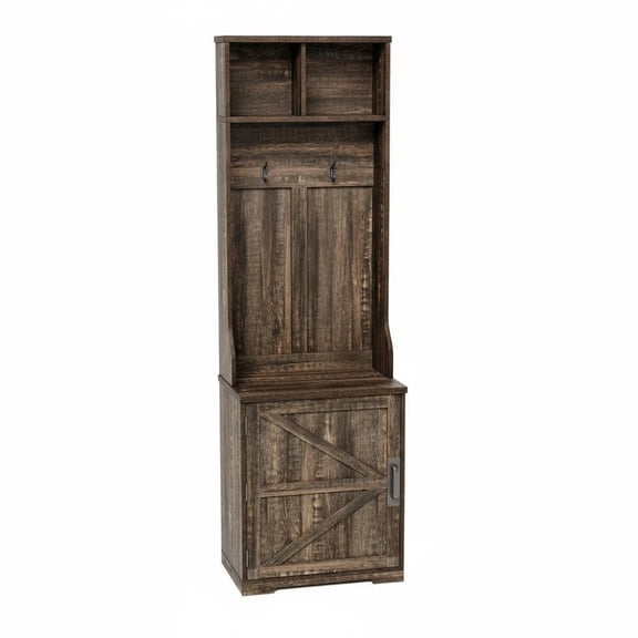 23.6 Inch Farmhouse Hall Tree with Shoe Cabinet and Bench, Narrow Entryway Storage Rack with 5 Coat Hooks and Open Shelves, Rustic Organizer for Mudroom Hallway Living Room, Brown