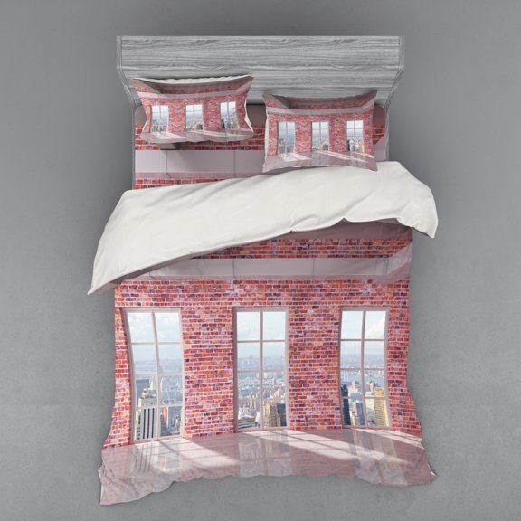 Ambesonne Urban Bedding Set 4 Pcs, Red Brick Wall Loft City, Queen, Multicolor