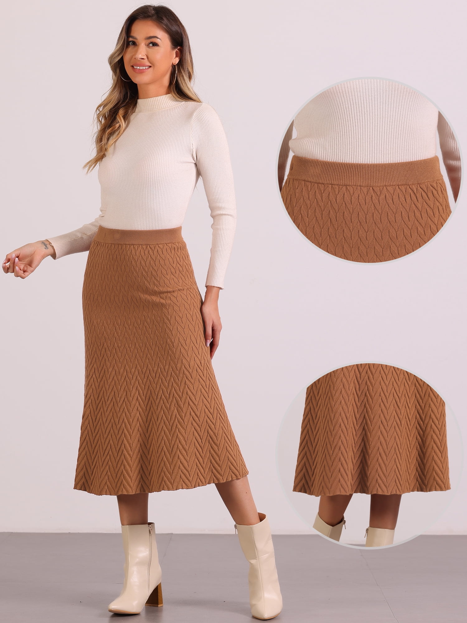 DARING DIVA Women's High Waist Fall Stretchy Fishtail Cable Knit Midi Skirts L Camel