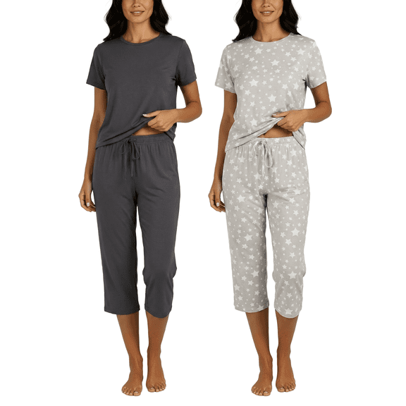 Real Essentials 2 Pack: Womens Pajamas Short Sleeve Sleepwear Tops and Capri Pants Pjs Print Pajama Sets (Available In Plus)