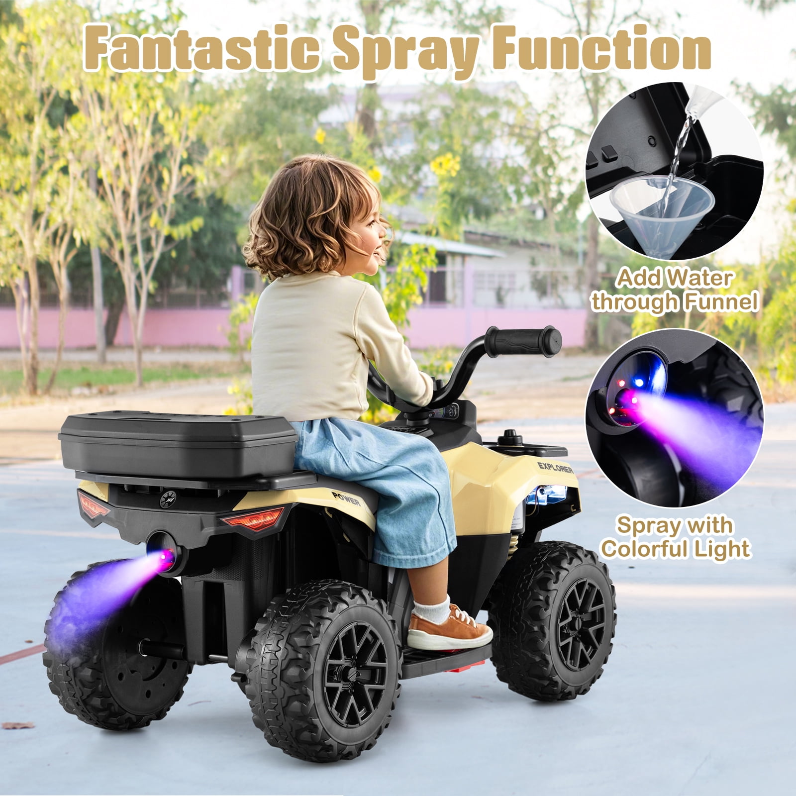 Costway 6V Toddler Ride On Electric Car ATV with Lights & Music & USB Port Storage Box Toy Car Khaki