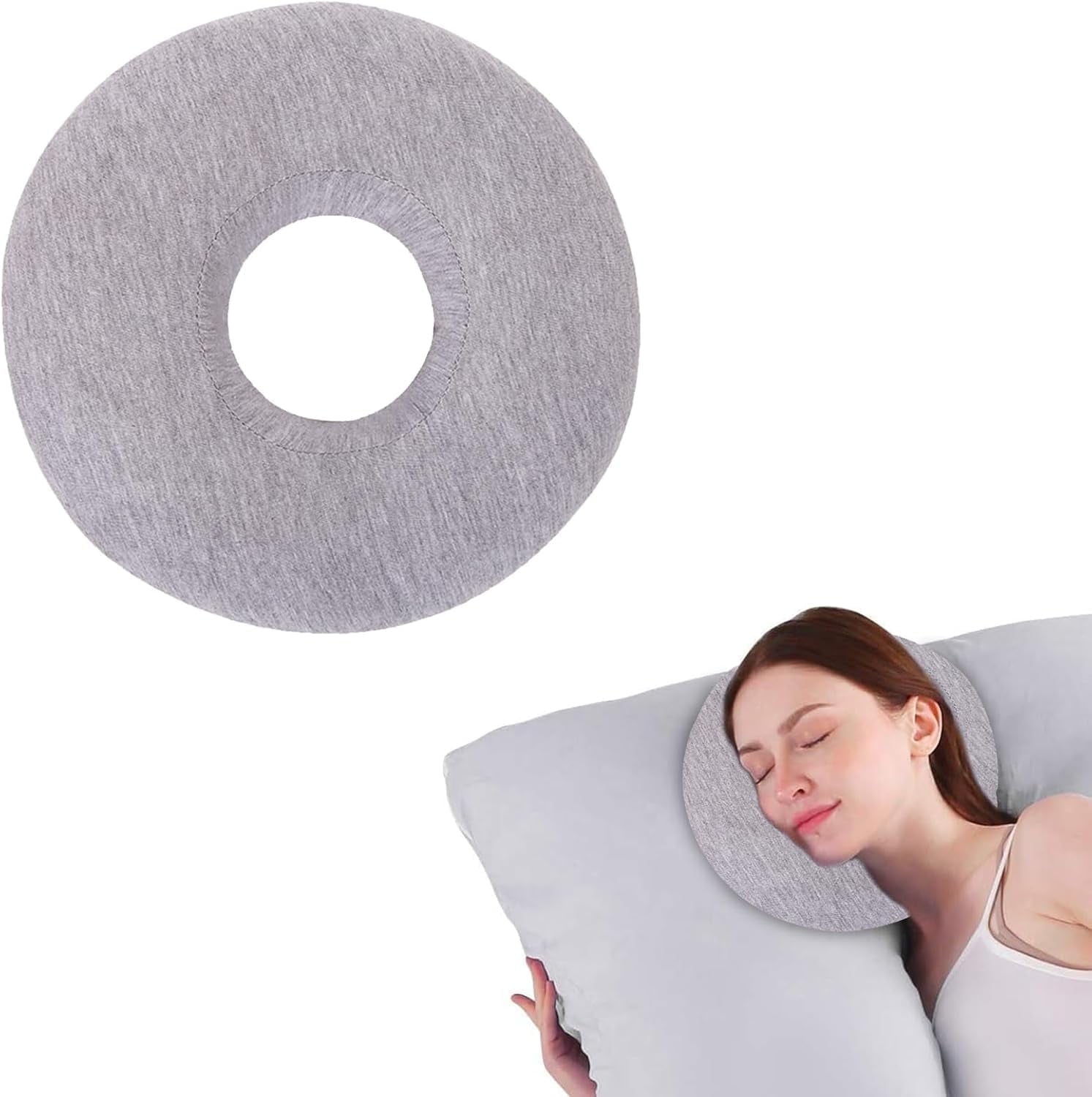 Numjaw Ear Piercing Pillow, 9" O-Shaped Pillow with Ear Holes, Doughnut Pillow for Ear Piercing, Side Sleepers, Relieve Ear Pain, Ear Inflammation (Grey)