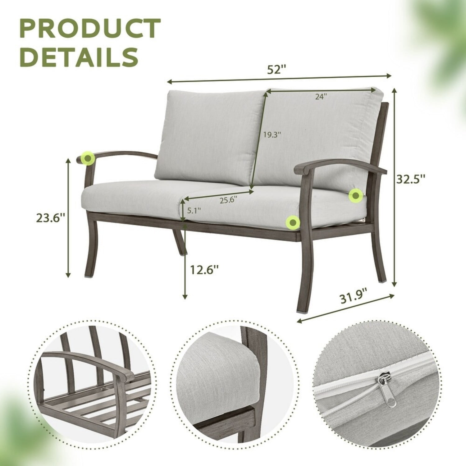 Outdoor Patio Loveseat, Aluminum 2-Seat Sofa with 5.1" Thick Cushions, Weather-Resistant Garden Couch for Balcony, Backyard, Porch, Light Gray
