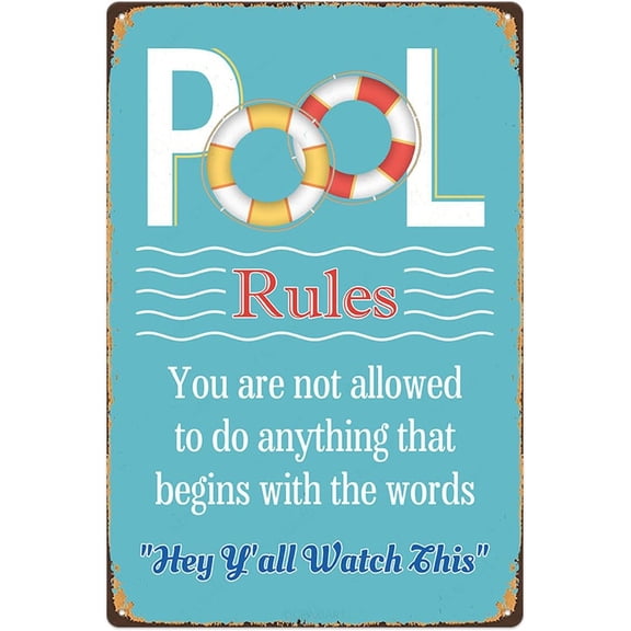 Pool Rules Metal Sign Vintage Hanging Plaque Outdoor Wall Decor for Home Bar Pool Deck Backyard Fence 12x8 Inch