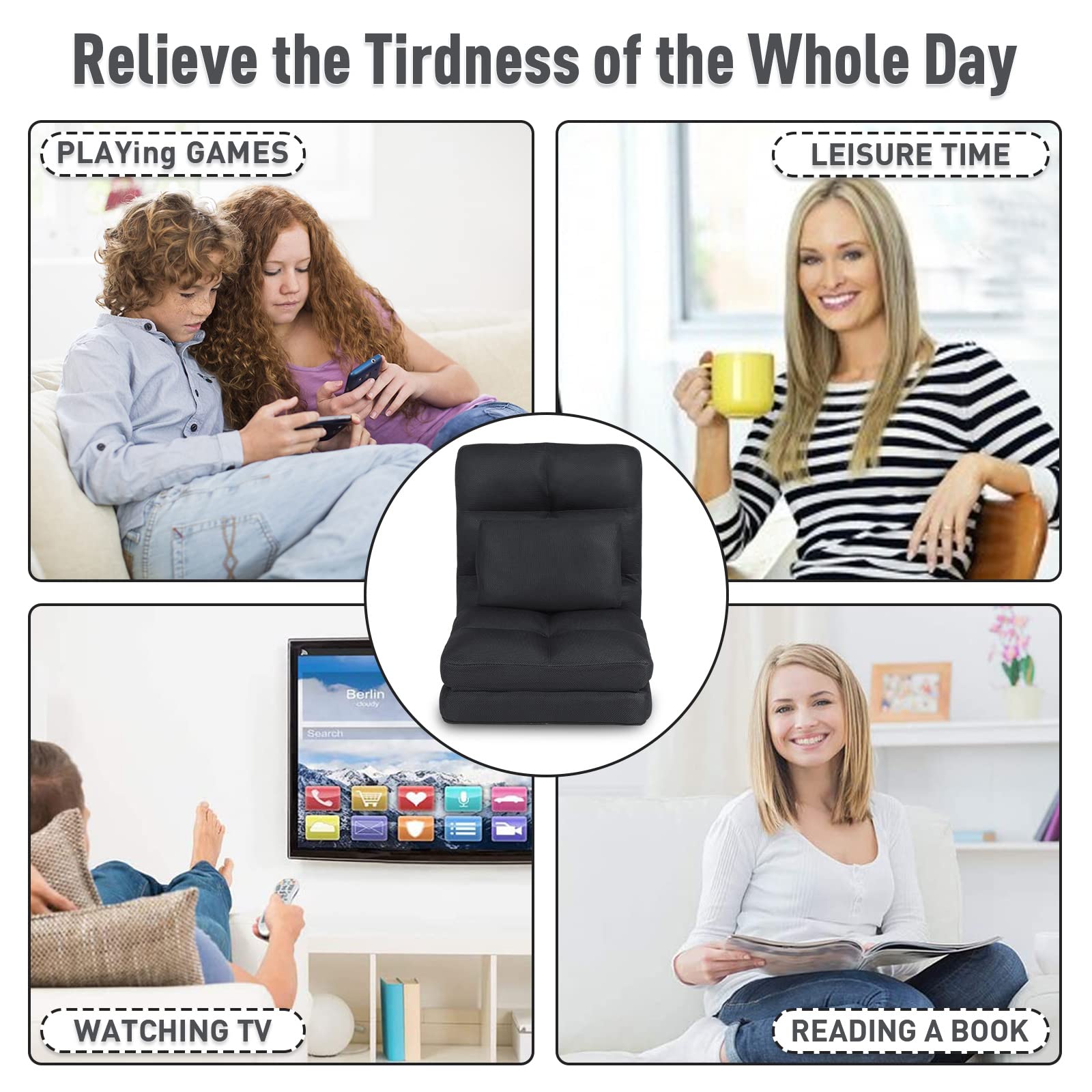 Floor Chair with Back Support for Adults Adjustable 14 Positions Video Game Chairs Foldable Floor Lounger with Pillow
