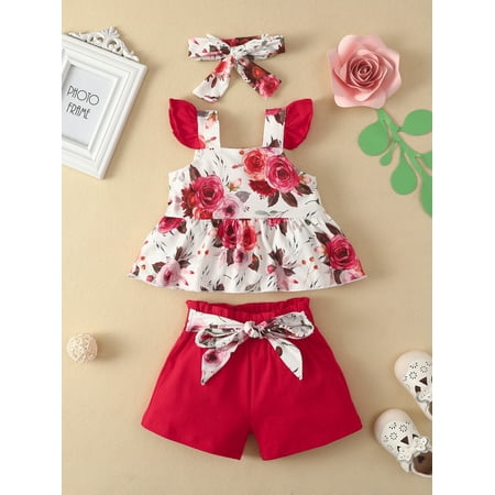 

Lamuusaa Baby Girls Shorts Set Fly Sleeve Square Neck Strawberry/Flower Print Vest with Tie-up Shorts and Hairband
