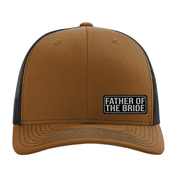 Father of The Bride Vegan Leather Patch Cap, Richardson 112, Father of the Bride Hat, Richardson Cap, Wedding Party Hats (Caramel/Black)