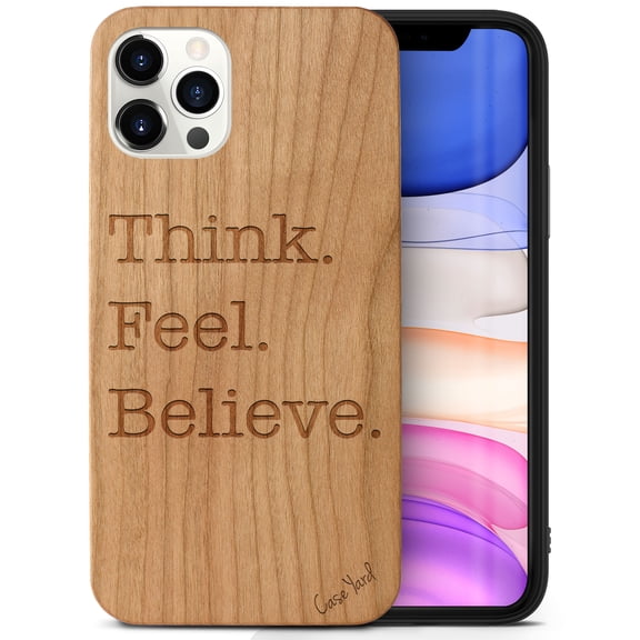 Case Yard Wooden Case Outside Soft TPU Silicone Slim Fit Shockproof Wood Phone Cover for Girls Boys Men and Women Supports Wireless Charging Think. Feel. Believe. Design case for iPhone-12/12-Pro