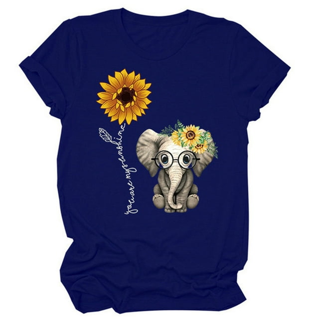 keepw T-Shirt pour Femme Imprimé Tournesol Manches Courtes Top Col Rond, Rouge Vin, M Bleu Marine M