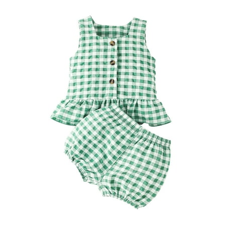 

Amuver Newborn Girl Plaid Pattern Single-Breasted Ruffles Tank Tops + Elastic Waist Short Pants
