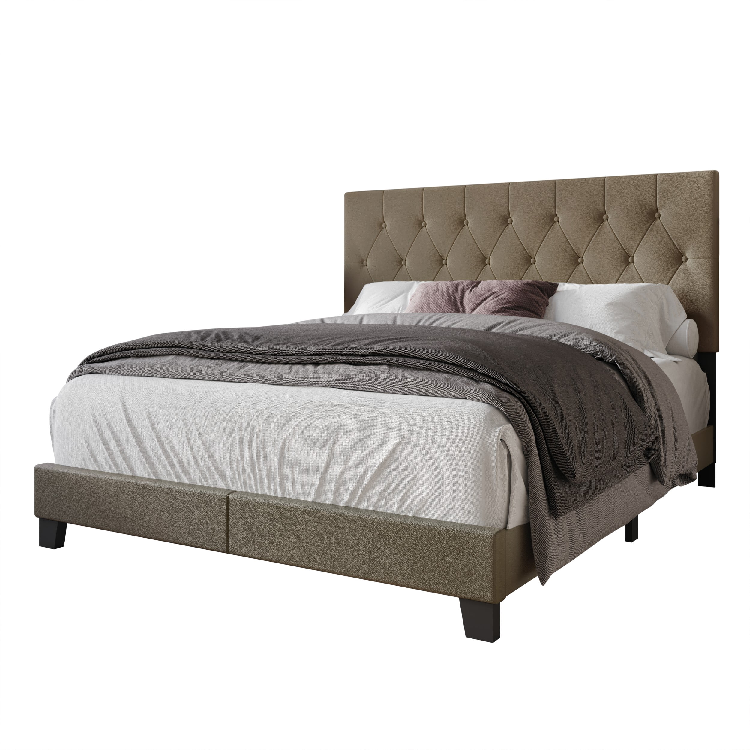 Home Design Omaha Queen Tufted Upholstered Panel Bed Frame, Gray Brown, Easy Assembly