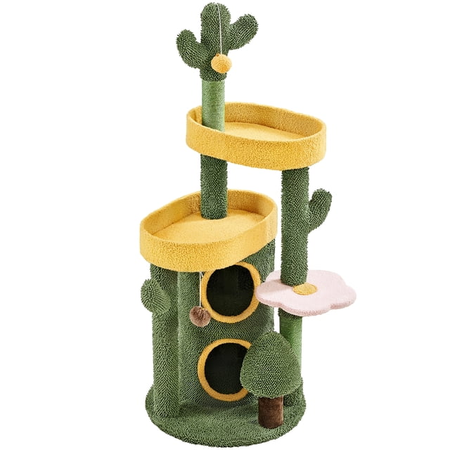 Yaheetech Oasis-Themed Cat Tree Tower with 2 Condos, 2 Perches, Scratching Posts, Green/Yellow