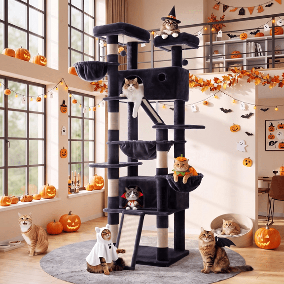 Amolife 81" Large Cat Tree Tower for Large Cats with Cat Condo Hammock, 2 Scratching Ramps, 6 Scratching Posts, Blue