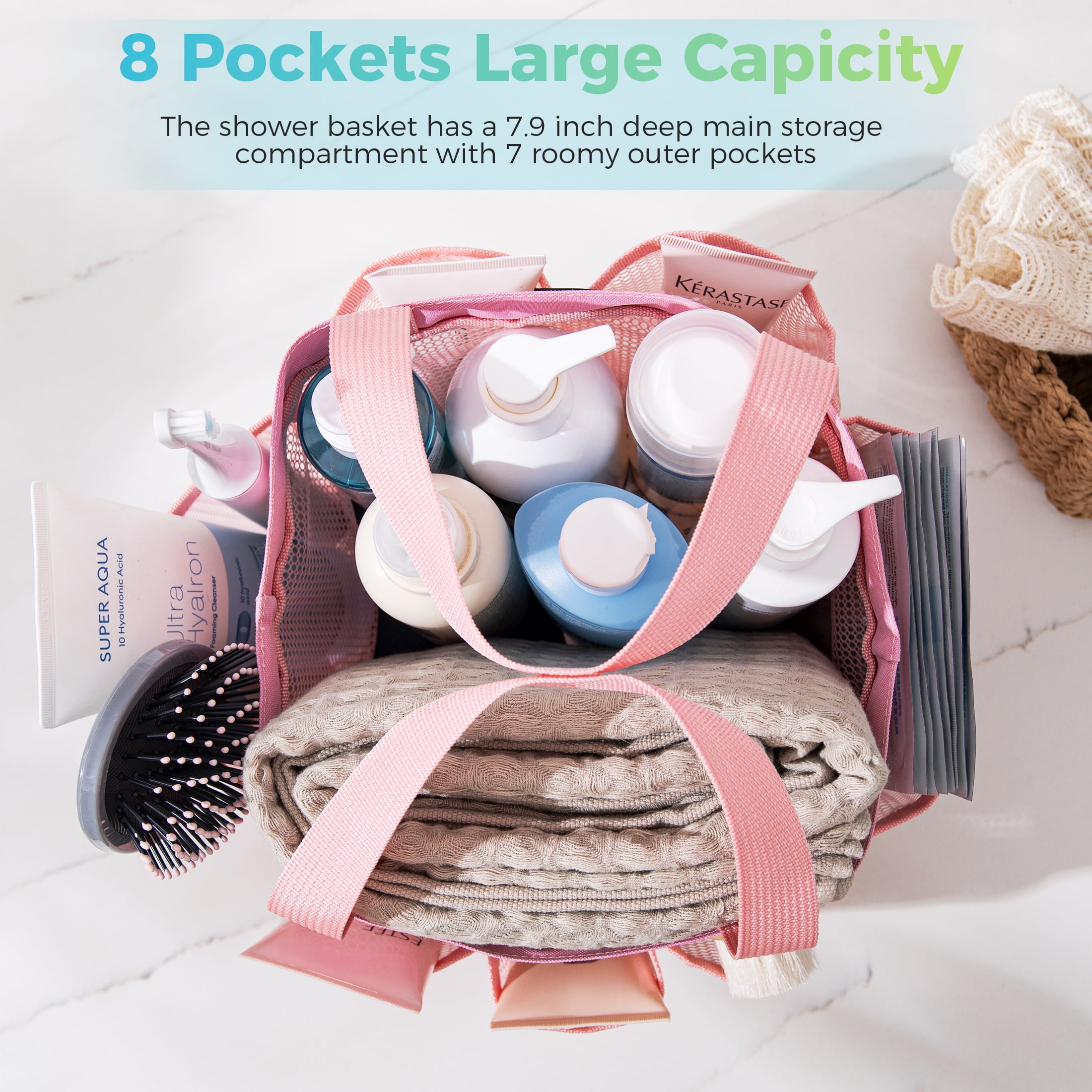 Siaomo Mesh Shower Caddy,Tote Bag for College Dorm,Bathroom,8 Pocket Basket,Quick Dry - Pink