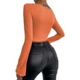 thumbnail image 6 of BEAFNKSG Women Flare Long Sleeve Crop Tops Low Cut Slim Ribbed Cropped Tee Basic Blouse Streetwear, 6 of 6