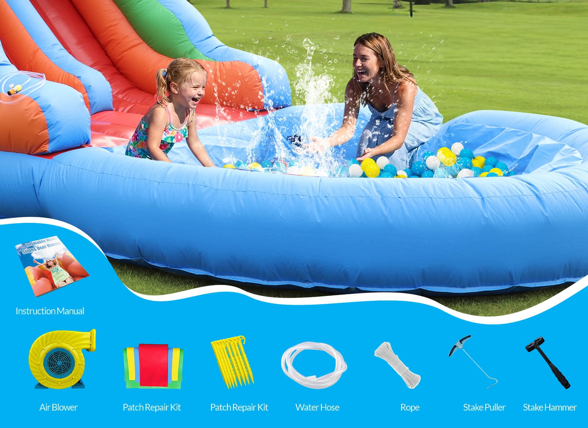 OFFMUST 22.5ft Giant Inflatable Water Slide for Big Kids, Commercial Grade PVC Blow Up Water Slide for Adults Heavy Duty Backyard Water Park