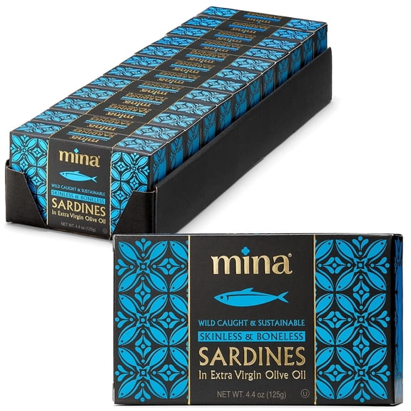 Mina Boneless Skinless Sardines in Olive Oil, 4.4 oz (12 Pack) Wild Caught, Keto, High Protein