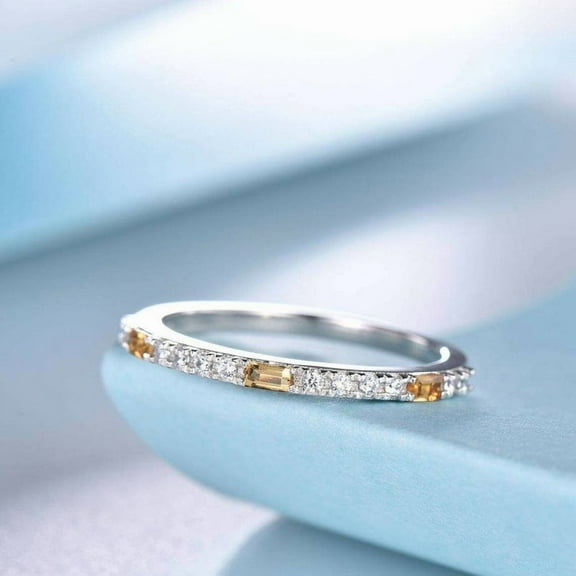 Natural baguette citrine wedding ring vintage diamond wedding band 925 Silver dainty moissanite ring for women bridal anniversary ring gift.