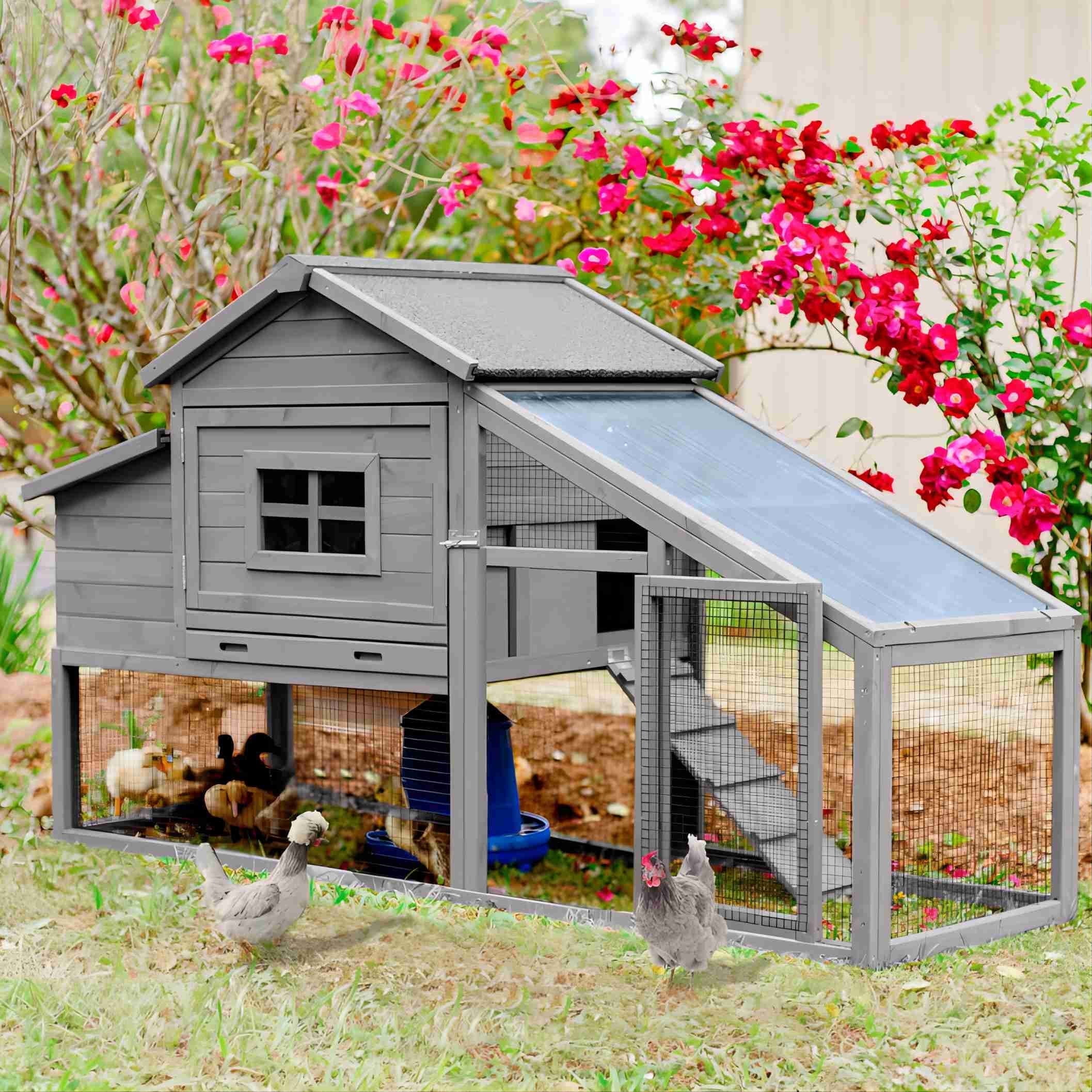 Aivituvin Mobile Chicken Coop with Wheels for 2-4 Chickens, Weatherproof Chicken House Poultry Cage with Nesting Box, Leakproof Pull-Out Tray for Outdoor Backyard, Gray