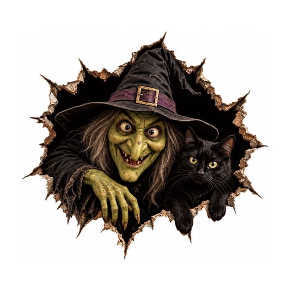 MInHoues 3D Halloween Wall Sticker, Spooky Witch & Black Cat Breaking Through Wall Effect Decal, Scary Horror Home Decor Window Clings, Removable Festive Room Art for Living Room Bedroom Party