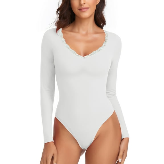 Cassie Liz Bodysuits for Women Lace V Neck Long Sleeve Body Suit Women Fitted Smooth Tops