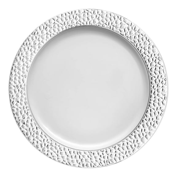 Smarty 7.5" White Silver Hammered Rim Round Plastic Salad Plates 120ct