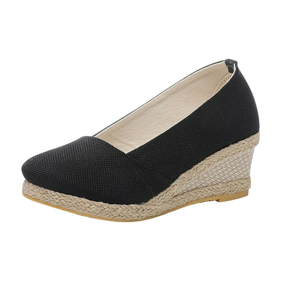 hopeusnice Clearance Women's Espadrille Wedge Shoes Platform Canvas Slip On Shoes Comfortable Breathable Low Heel Wedge Sandals Black 36