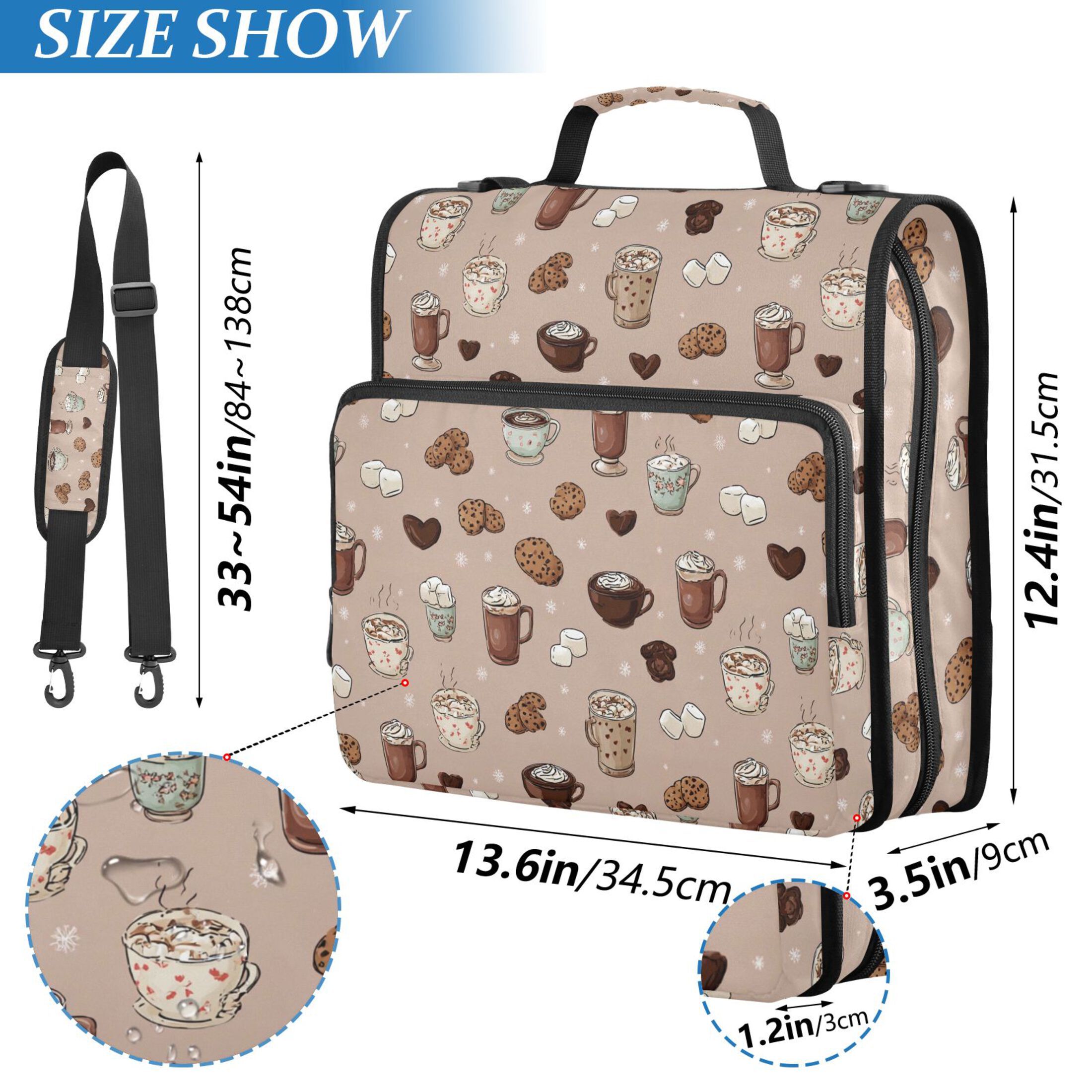 Zipper Binder Coffee Cookies 1.5 Inch Binder Folder Bag with Shoulder Strap and Handle