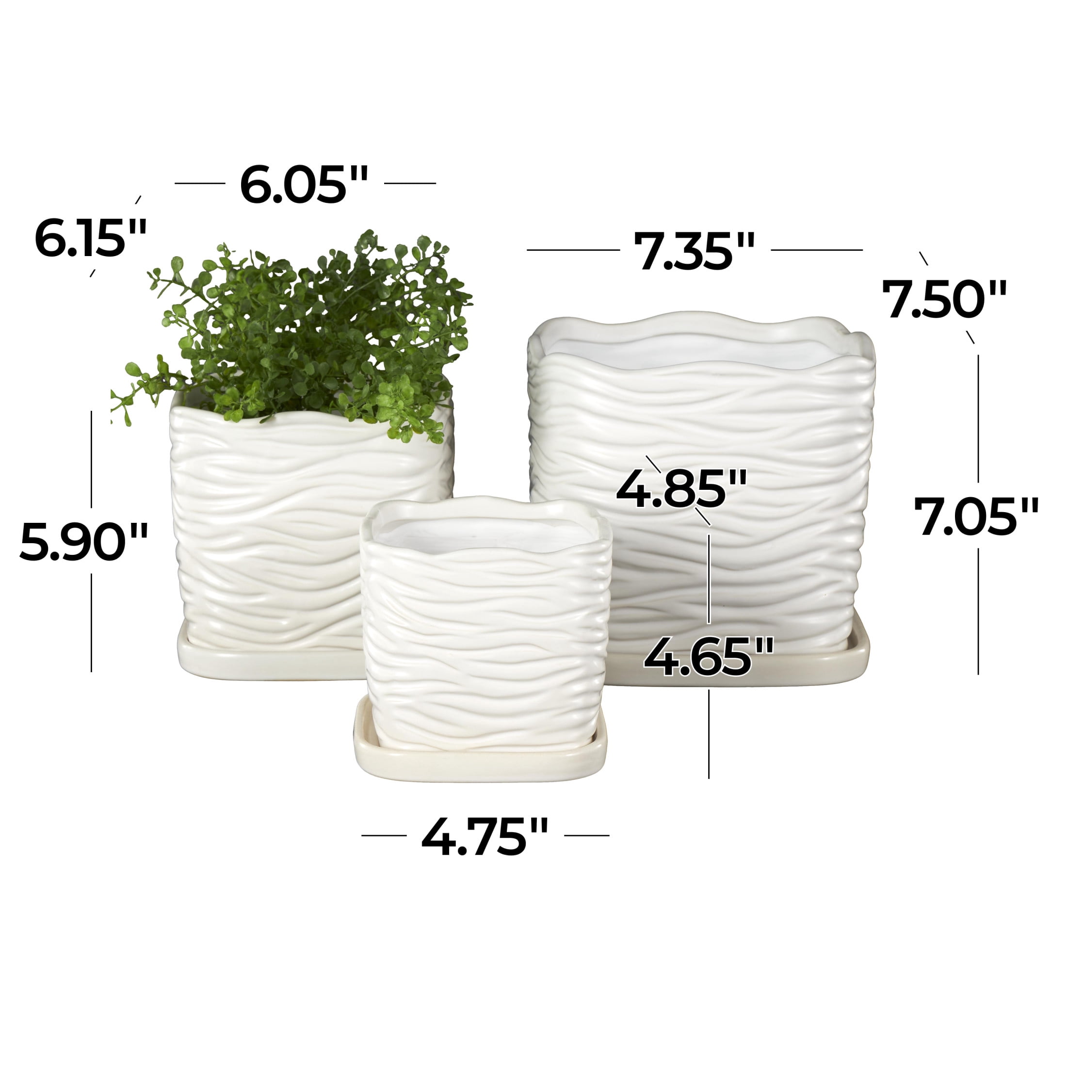 DecMode 7",6",5"H Wavy Ribbed White Ceramic Planter with Attached Saucer (3 Count)