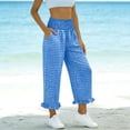 thumbnail image 5 of Hurxie Women’s Plaid Wide Leg Pants Flared Leg Baggy Drawstring Ruffle Palazzo Pants with Pockets Blue,S, 5 of 6