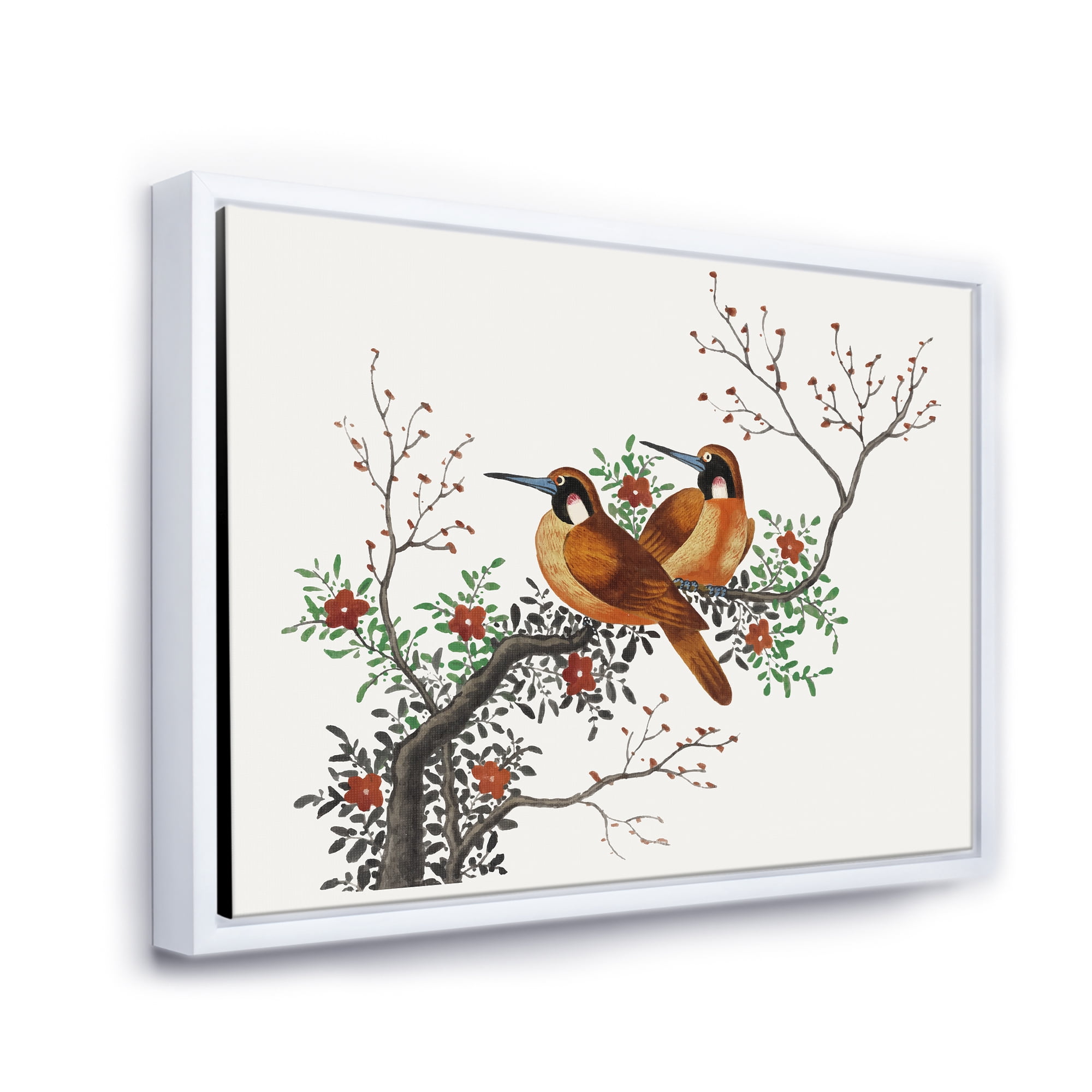A Flowering Tree Branch With Two Chinese Birds 32 in x 24 in Framed Painting Canvas Art Print, by Designart