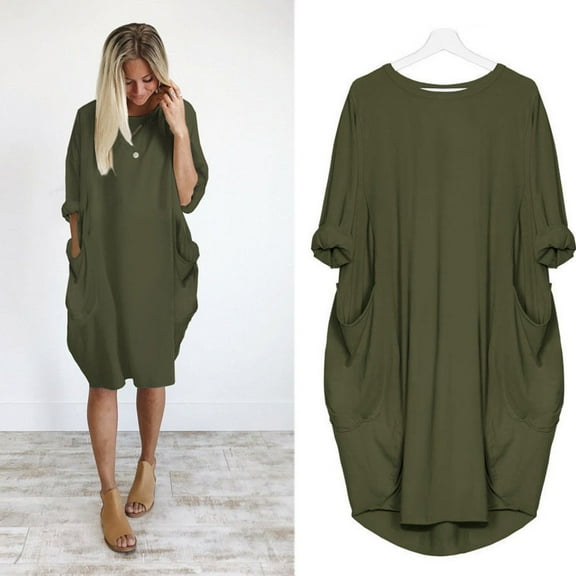 IDALL Plus Size Dresses,Long Sleeve Dress Womens Pocket Loose Dress Ladies Crew Neck Casual Long Tops Dress Plus Size Elegant Dresses,Womens Dresses,Casual Dresses for Women Army Green Dress 2XL