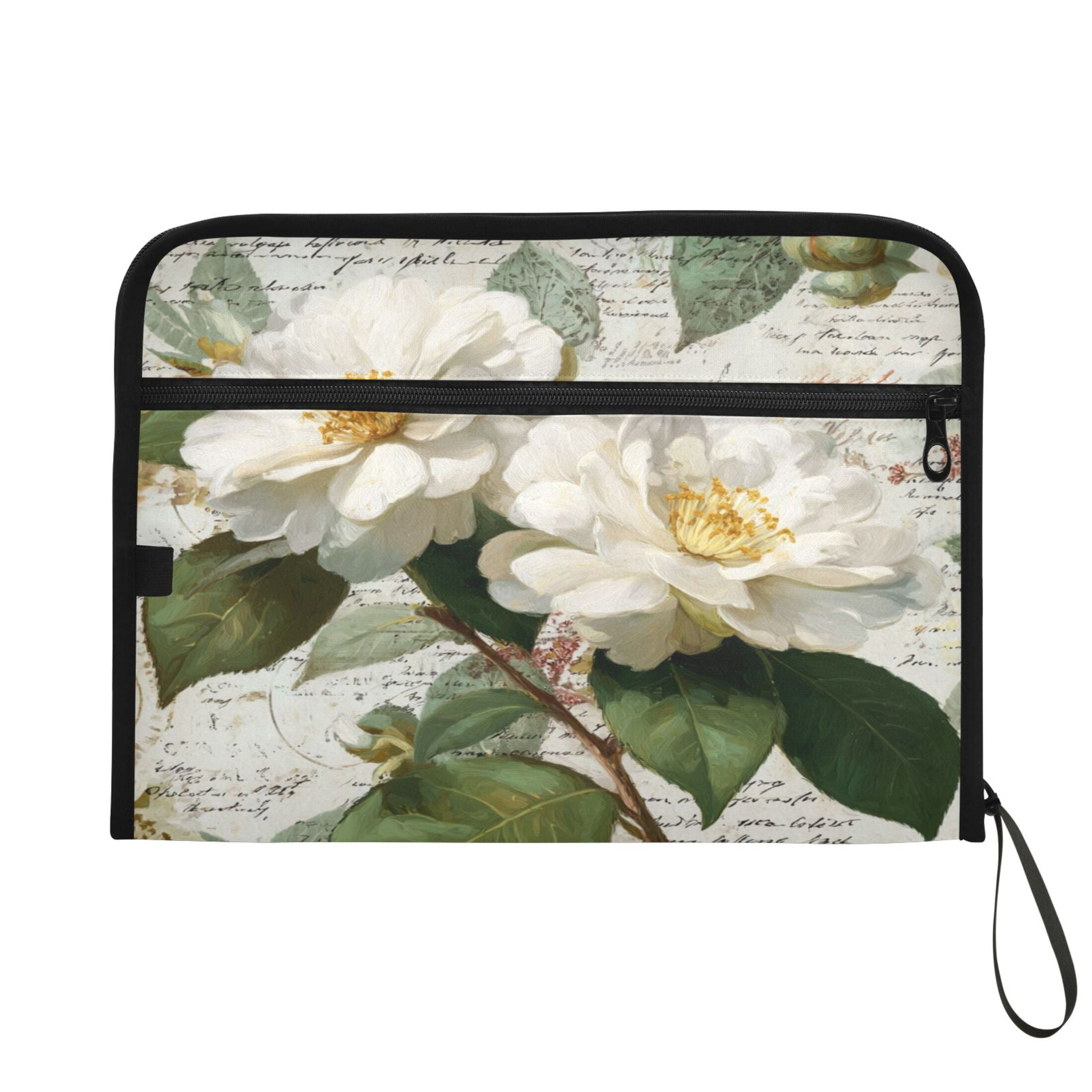 Accordion File Organizer with Zip Closure 13 Pockets Expanding File Folder Letter A4 Paper Document Organizer for Home Office Vintage White Camellias