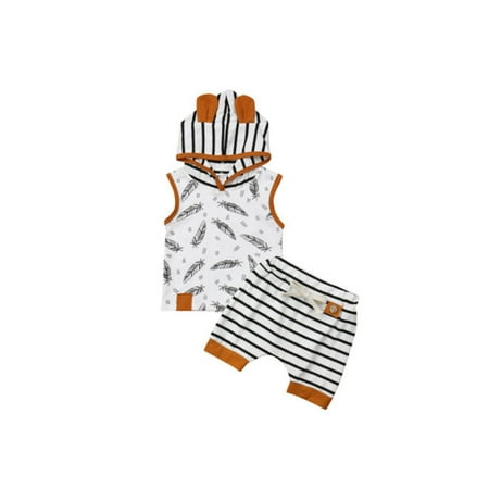 

Emmababy Newborn Baby Boy Summer Clothes Set Sleeveless Hooded Vest Stripe Shorts